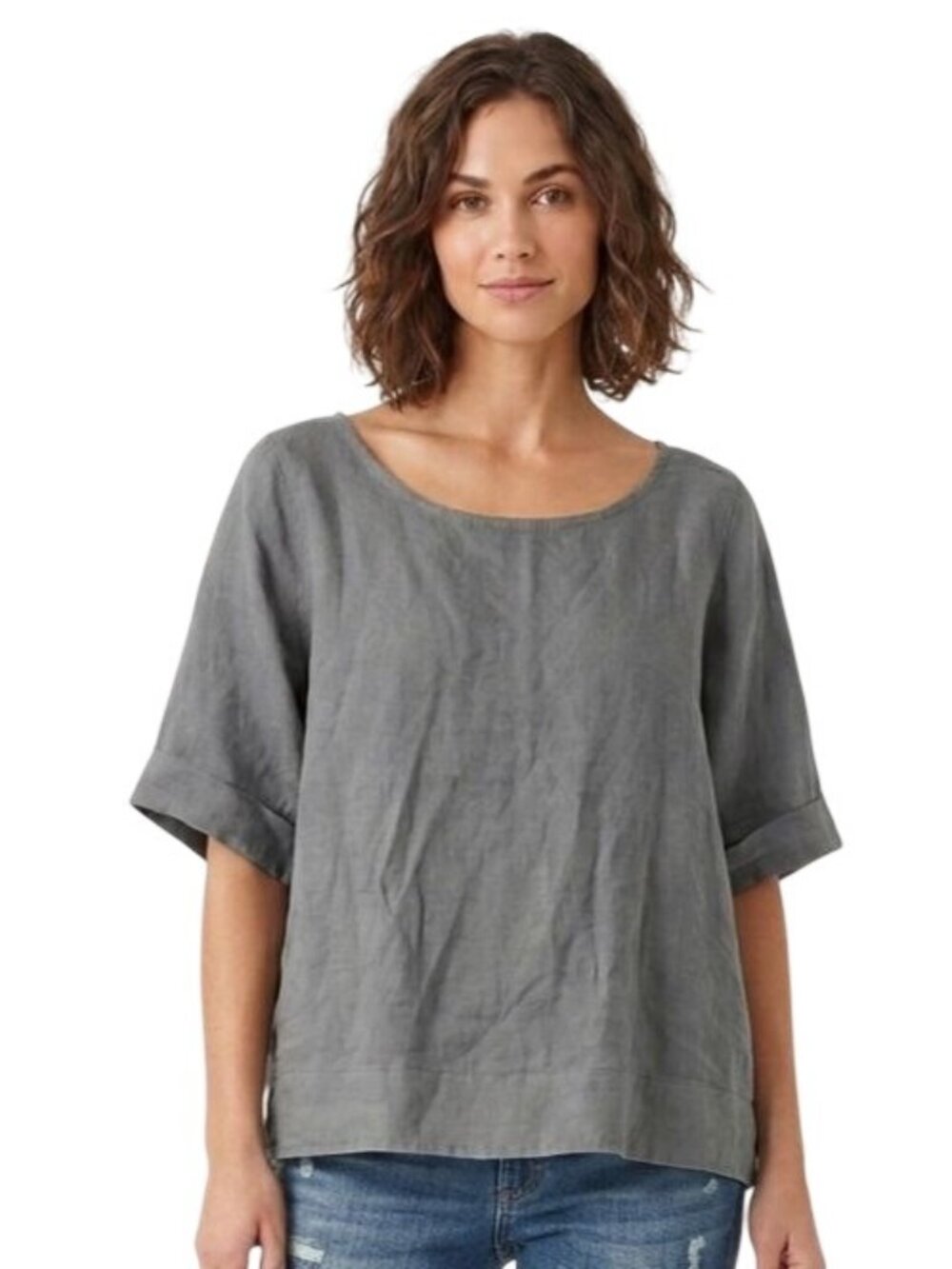 Linen Olive Green Scoop Neck Short Sleeve Lagonlook Oversized Top Size L